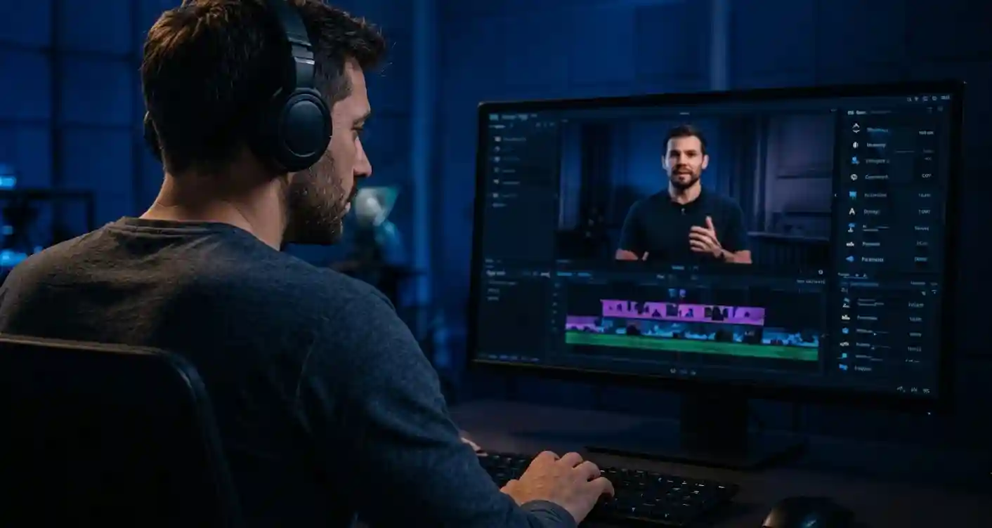 ClipCast Works video editor creating short-form content at a professional editing workstation