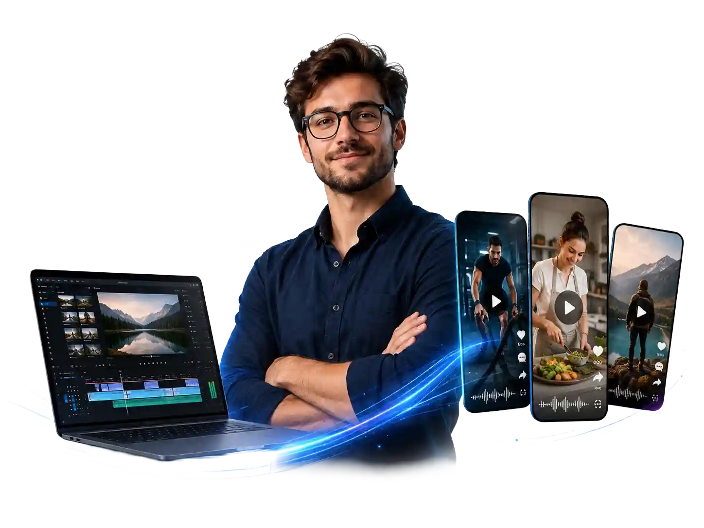 ClipCast Works creator with a video editing laptop and short-form video examples on smartphones