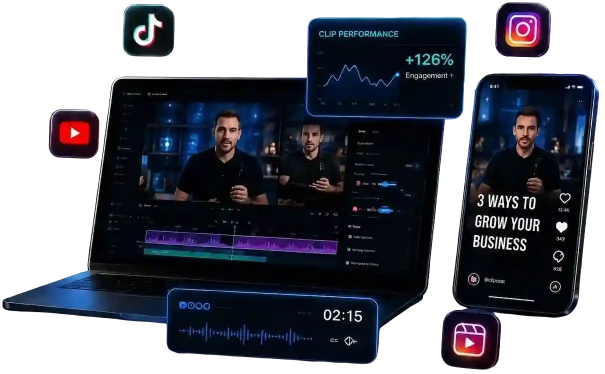 ClipCast Works blog hero showing video editing, short-form content creation, social media platforms, and engagement growth
