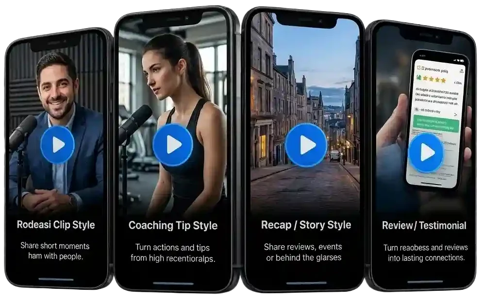 ClipCast Works free clip plan showing podcast, coaching, story, and testimonial short-form video styles