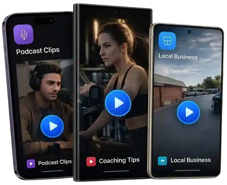 ClipCast Works how-it-works process showing podcast, coaching, and local-business short-form video examples