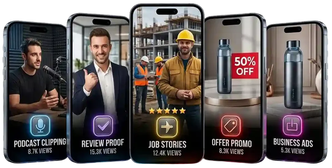 ClipCast Works short-form video services shown across five smartphone screens