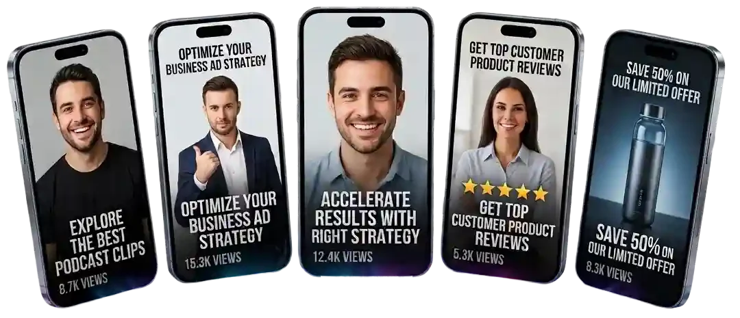 ClipCast Works short-form video examples displayed on smartphone screens